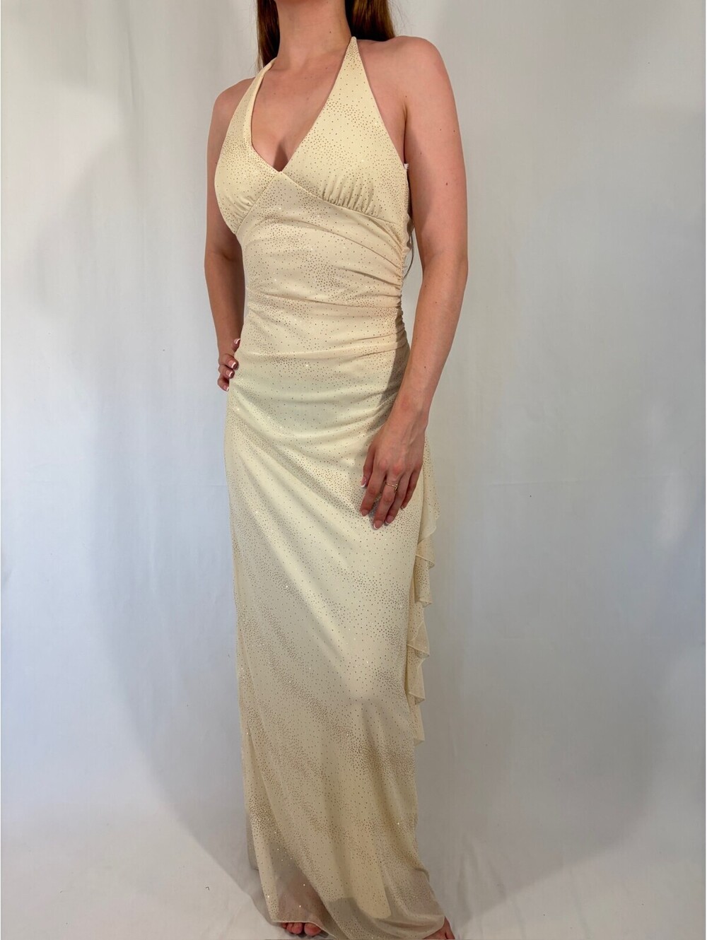 Sparkly Cream White Vintage Halter Neck Ruffle Party Formal Dress